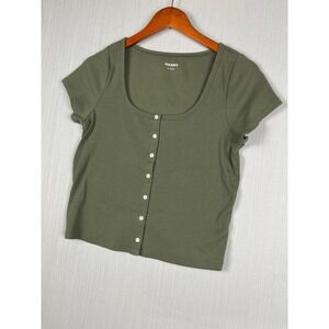 Old Navy Scoop Neck Rib Tee L Green Button Front Cottagecore Y2K Style
